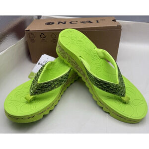ONCAI Women's Wedge Flip Flops w/Rhinestone Dressy Walking Light Green Size US 7